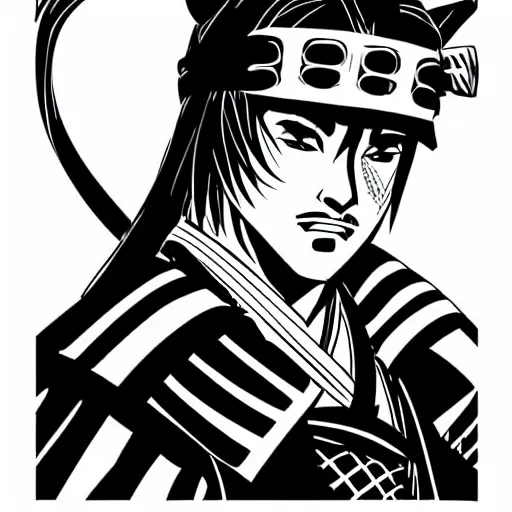 Image similar to a hyperrealistic portrait of a samurai, anime style, manga, vector art, black ink, white background, simple draw