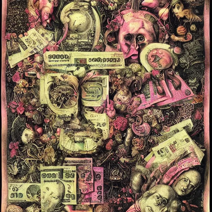 Image similar to new age album cover, asymmetrical design, dollar bank notes, capitalism, magic, psychedelic, black white pink, highly detailed, magic, giger h. r., giuseppe arcimboldo