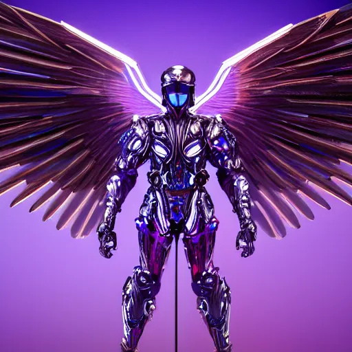 Image similar to a photo of 8k ultra realistic archangel with 6 wings, full body, intricate purple and blue neon armor, ornate, cinematic lighting, trending on artstation, 4k, hyperrealistic, focused, high details, unreal engine 5, cinematic