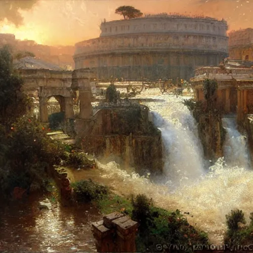 Prompt: waterfall flooding an entire city of rome. highly detailed painting by gaston bussiere, craig mullins, j. c. leyendecker