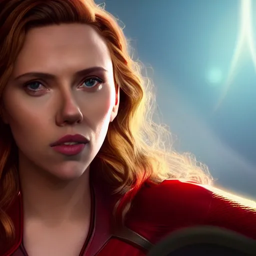 Prompt: Movie still of Scarlett Johansson as Scarlet Witch, flying in the sky, emanating magic from her palms, photorealistic facial features, vibrant golden lighting, golden ratio, Trending on artstation, photorealistic art style, 4k, 8k