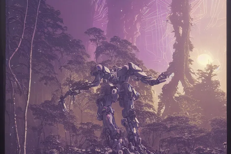 Prompt: lots of glass details, a lot of exotic vegetation, trees, flowers, dull colors, gigantic massive evangelion - like mecha staying in the foggy huge dark night winter forest covered with web and cotton and a lot of glow - worms, full - shot by moebius, hyperrealism, risograph, intricate detailed