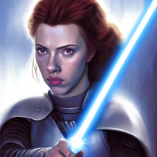 Prompt: head and shoulders portrait of a female knight gazing into camera, jedi, blue lightsaber, young scarlett johansson, star wars, by doug chiang, face detail, extremely detailed, digital illustration