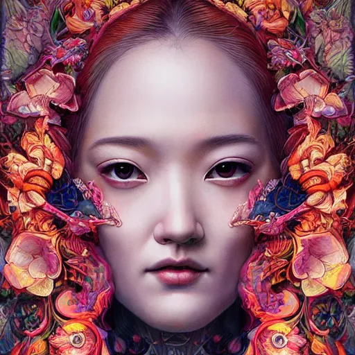 Image similar to portrait of park min young, hyper detailed masterpiece, neon floral pattern, jean giraud, digital art painting, darkwave goth aesthetic, psychedelic, artgerm, donato giancola and tom bagshaw