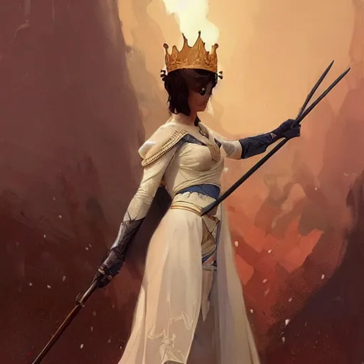 Image similar to a tall woman with dark hair with a crown on her head and a spear in her hand , highly detailed, digital painting, Artstation, concept art, smooth, sharp focus, illustration, art by Greg Rutkowski, Alphonse Mucha