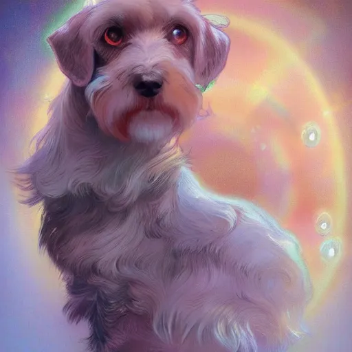 Prompt: portrait of magical miniature schnauzer, dreamy and ethereal, fantasy, intricate, elegant, rainbow bubbles, highly detailed, digital painting, artstation, concept art, smooth, sharp focus, illustration, art by artgerm and greg rutkowski and alphonse mucha