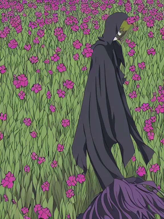 Image similar to grim reaper with no facr in flower field, anime style, high detail, high resolution,