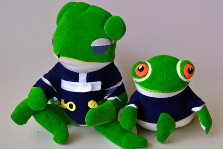 Prompt: frog plushie wearing a sailor suit