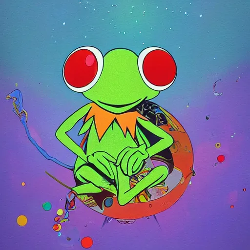 Image similar to kermit the frog by takashi murakami,, beeple and james jean, aya takano color style, 4 k, super detailed, night sky, digital art, digital painting, celestial, majestic, colorful