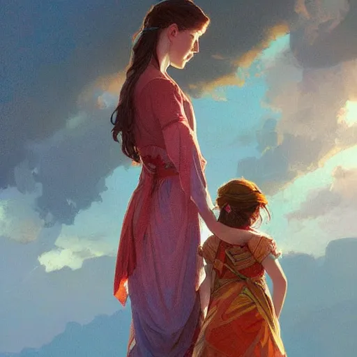 Image similar to young girl saying goodbye to her mother, highly detailed, digital painting, artstation, concept art, sharp focus, illustration, art by alex ross and greg rutkowski and alphonse mucha