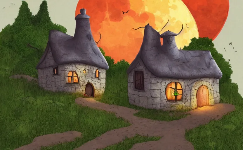 Image similar to a witch's cottage on a lonely hill against a giant moon, storybook, gouache, flat, concept art, lush