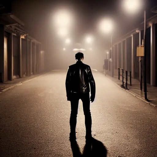 Image similar to movie shot of young man from back pacing lowering head dressed in short leather bomber jacket to empty narrow alley with street lamps in park with pines to the horizon, with hands in pockets, snowfall at night, mullet long haircut, black hairs, cinematic, dramatic, detailed, realistic, movie shot, low lighting