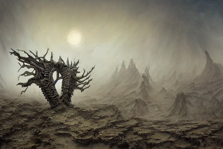 Image similar to amazing concept painting, by Jessica Rossier and HR giger and Beksinski, prophecy, hallucination, the middle of a valley; it was full of bones, bones that were very dry, there was a noise, a rattling sound, and the bones came together, bone to bone , I looked, and tendons and flesh appeared on them and skin covered them, but there was no breath in them and breath entered them, they came to life and stood up on their feet a vast army