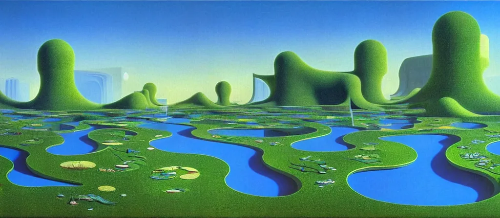 Prompt: huge gargantuan angular dimension of infinite poolrooms, buildings by escher and ricardo bofill. utopian landscape by roger dean. magical realism, surrealism, waterfalls, clouds, mallsoft, vaporwave, trending on artstation, shot from below, epic scale