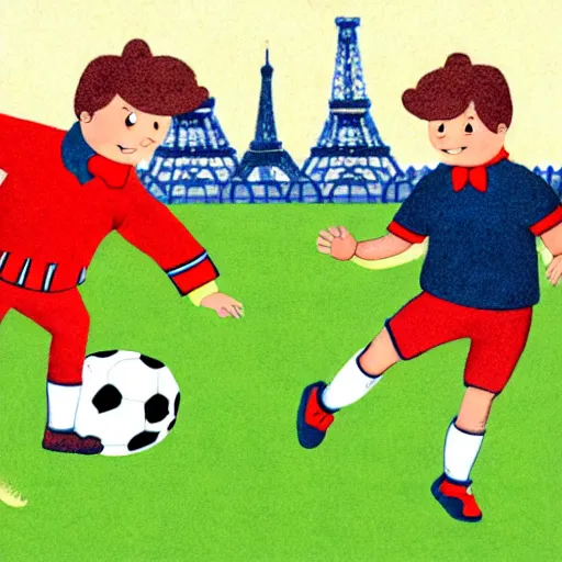 Image similar to illustration of french boy in paris playing football against a corgi, the corgi is wearing a polka dot scarf