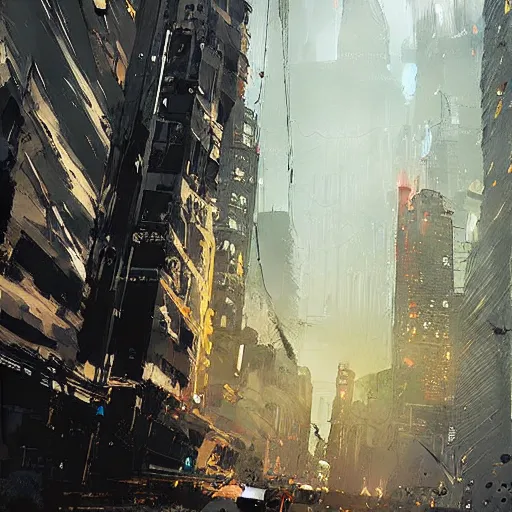 Image similar to Gotham, painted by Ismail Inceoglu, detailed brushstrokes