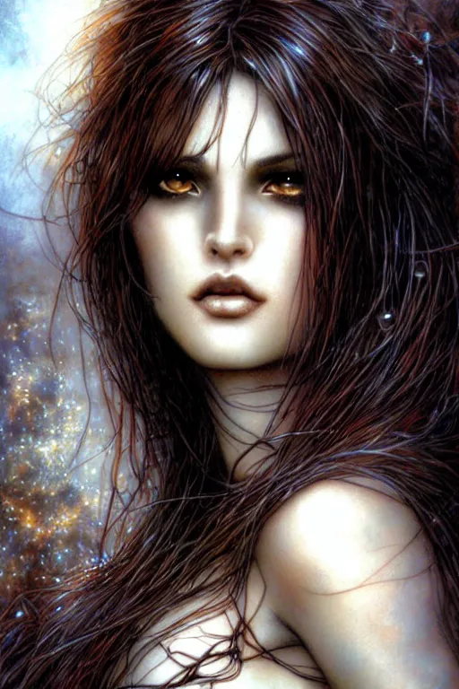 Prompt: a beautiful brunette goddess, fantasy, portrait, sharp focus, intricate, elegant, illustration, ambient lighting, art by Luis Royo