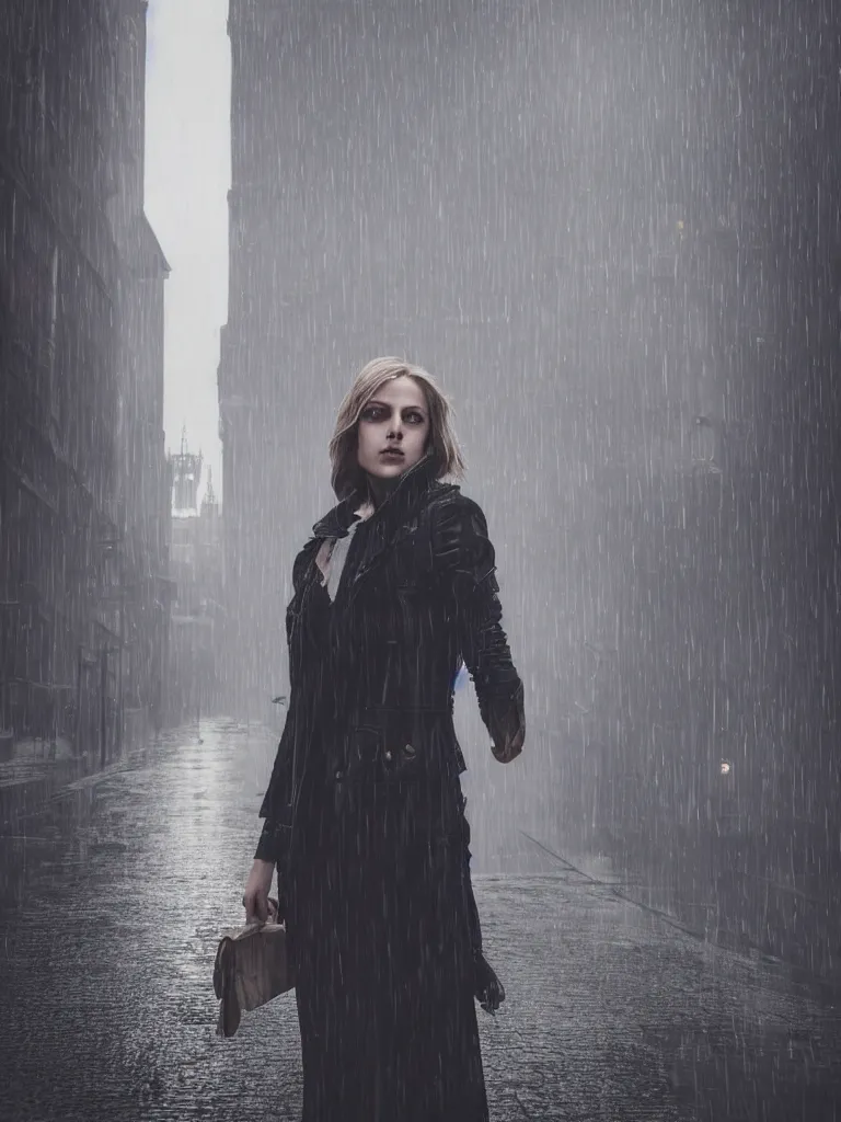 Image similar to cute model annie leonhart taking a selfie in dunwall city, beautiful face, detailed face, natural lighting, rainy weather, volumetric light, gothic architecture, natural reflections, model agency, instagram photo, depression atmosphere, shot on iphone 1 3 pro, beauty filter, postprocessing