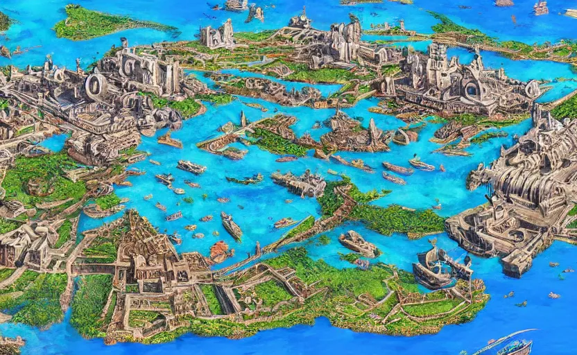Prompt: an aztec city in a one island lake, surrounded by many 15th century ships, aerial view, ultra detailed, high quality, artstation, digital painting, 8k, vibrant, ultra detailed water