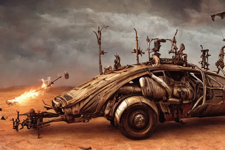 Image similar to full color hd photo of a mad max vehicle, octane render 4 k, by hieronymus bosch, joel peter witkin, annie liebovitz. gustave dore, hr giger, zdzisław beksinski, epic, artstation, cgisociety, weta, disney