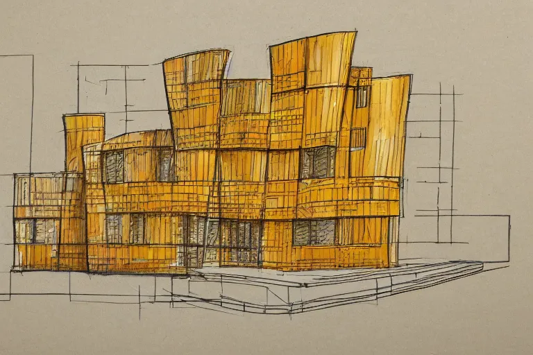 Prompt: a very detailed architectural sketch of of a modern building by frank gehry on a textured brown paper, windows bright with orange and yellow light color spilling on the floor