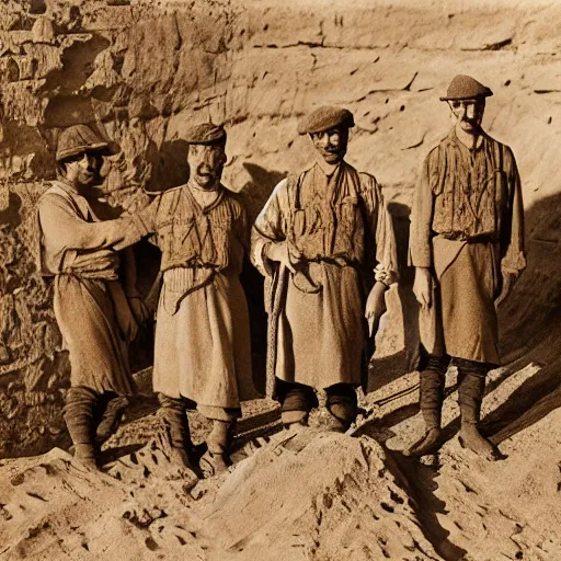 Prompt: ultra detailed photorealistic sepia - toned photo from 1 9 1 7, three clean - shaven british soldiers standing with two bedouin traders in traditional arab garb, at an archaeological dig site in wadi rum, ultra realistic, painted, intricate details, lovecraft, atmospheric, dark, horror, brooding, highly detailed, by clyde caldwell