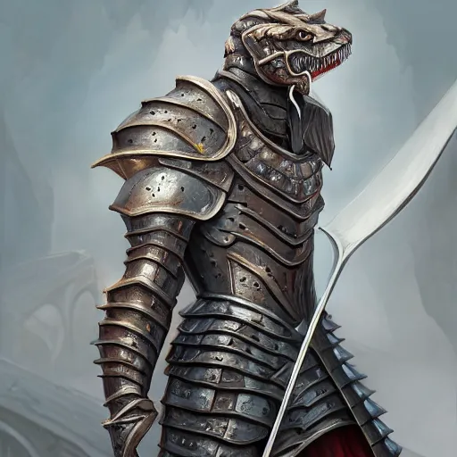 Image similar to portait of a dragon male knight holding sword, digital art, digital painting, masterpiece, elegant, hyper realistic, award winning, 8 k, behance, artstation, unreal engine 5, octane render, masterpiece, sharp focus, intricate, ornate