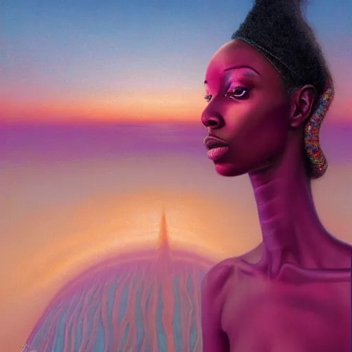 Prompt: a regal and elegant african queen opal gemstones for eyes wading in a pink late at sunset, by zdzislaw beksinski and thomas kinkade and amanda sage and android jones in a surreal portrait style, psychedelic, very symmetrical, digital illustration, trending on artstation, 8 k, hd, wide angle dynamic portrait