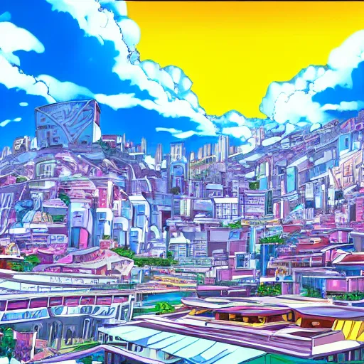 Image similar to futuristic city on a mountainside, colorful city, megacity, clouds on mountain, buildings on mountainside, cel - shading, cel - shaded, 2 0 0 1 anime, bright sunshine