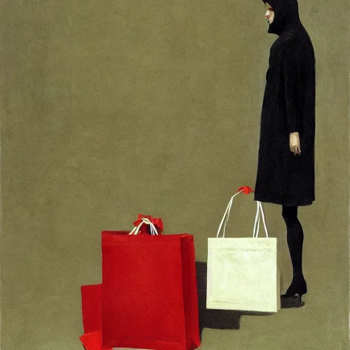 Prompt: woman in black robed, back to us, arms to the sides, dressed in red paper bags, holding stack of green paper bags, highly detailed, artstation, art by edward hopper, zdislav beksinski, wayne barlowe, edward hopper