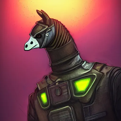 Prompt: a goose in a detective suit, horse, dystopia core, apocalyptic, armor, warrior, dramatic, sharp focus, fiction, neon, fantasy, hyper detailed, digital art, trending in artstation, cinematic lighting