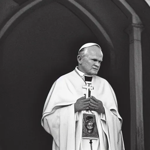 Image similar to award - winning photograph of john paul ii standing in the entrance to a small burning church building, at night, pitch black, christian cross