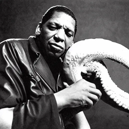 Prompt: john coltrane snuggling a giant squid