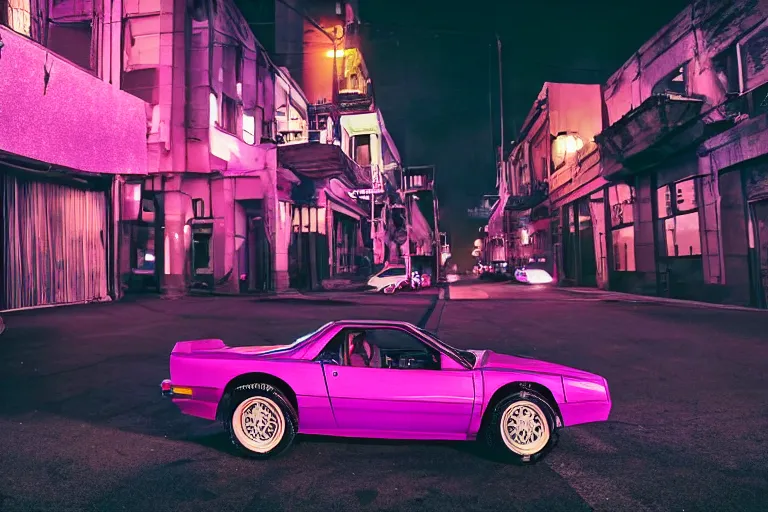 Prompt: 80s dressed Nicolas Cage posing and in the background there two 80s sports cars parked on a deserted city street at night time, purple lighted street, wide angle, cinematic, retro-wave vibes, grainy, soft motion blur