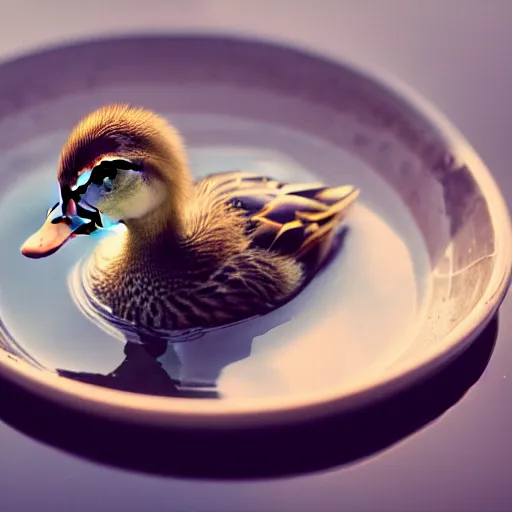 Prompt: cute duckling swimming in a small bowl of water, photography, minimalistic, 8 k