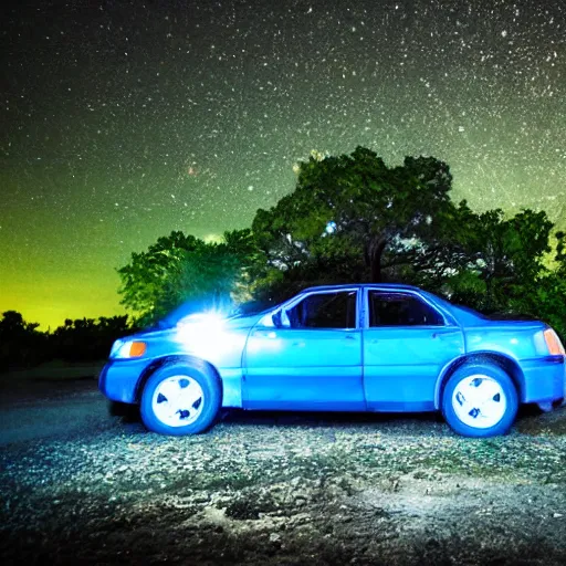 Prompt: photo with flash at night at a forest of a big scary man in top of a blue car with lights on