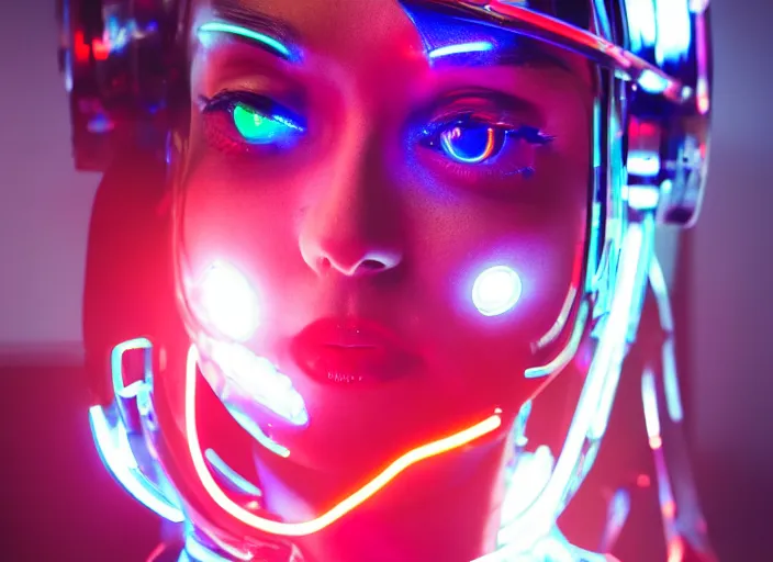 Prompt: a 3 5 mm photo of a cybernetic woman with led lights and neon with chrome details, splash art, movie still, bokeh, canon 5 0 mm, cinematic lighting, dramatic, afrofuturism, film, photography, golden hour, depth of field, award - winning, anamorphic lens flare, 8 k, hyper detailed, 3 5 mm film grain