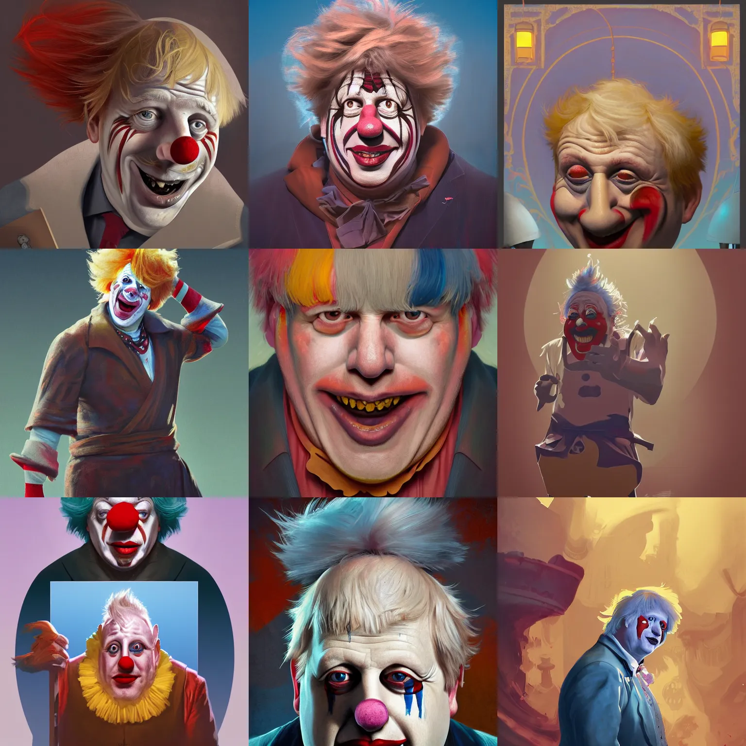 Prompt: boris johnson the clown, centered painted portrait, face of mad pulcinella, gloomhaven, matte painting concept art, art nouveau, beautifully backlit, swirly vibrant color lines, muted and dull colors, aesthetic octane render, 4 k 8 k hd resolution, by ilya kuvshinov and cushart krentz and gilleard james