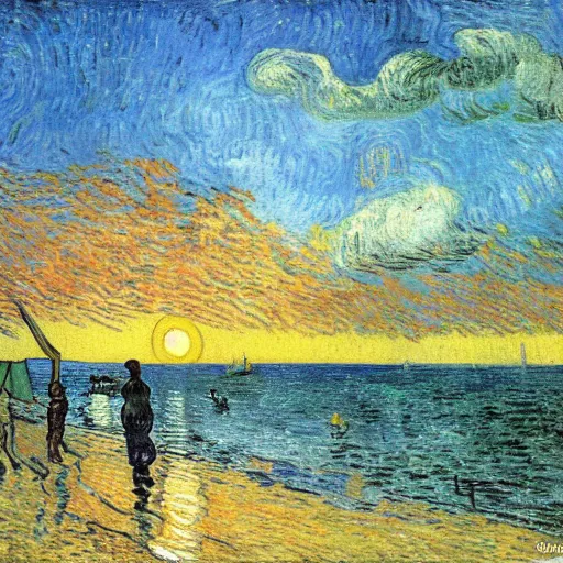 Prompt: a beautiful sunset in a yucatan beach by van gogh