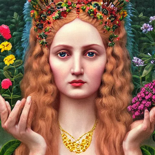 Prompt: an 3 d rendering of the goddess of women from a wes anderson film looking at the camera surrounded by lush flowers mark ryden, realism