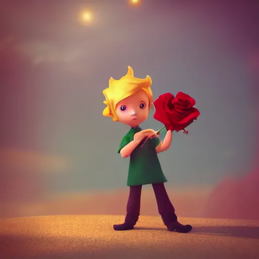 Image similar to cinematic scene of the little prince holding a red rose illustration, bokeh, octane render, award winning, trending on art station