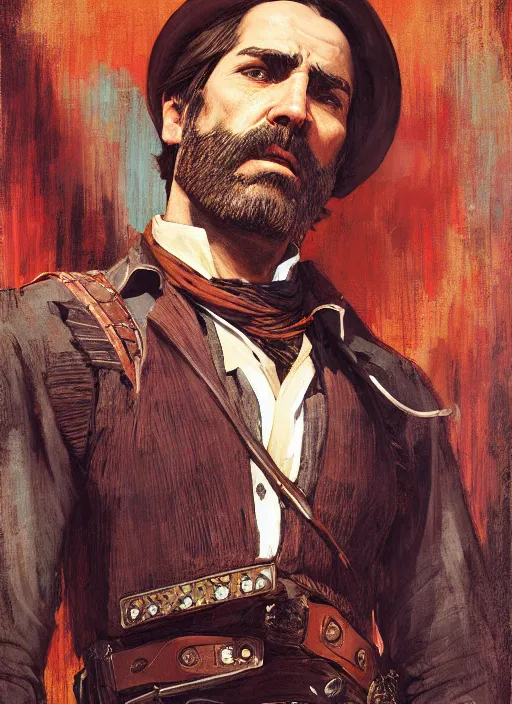 Prompt: Old west smug gunslinger (rdr2, laurie greasley). Iranian orientalist portrait by john william waterhouse and Edwin Longsden Long and Theodore Ralli and Nasreddine Dinet, oil on canvas. Cinematic, hyper realism, realistic proportions, dramatic lighting, high detail 4k