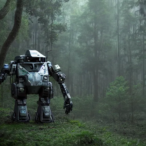 Prompt: still from a big budget scifi movie of a misty swamp planet, a mech with many wires and cable joints with translucent white plastic armor and black knee and elbow joints walks high above the forest canopy
