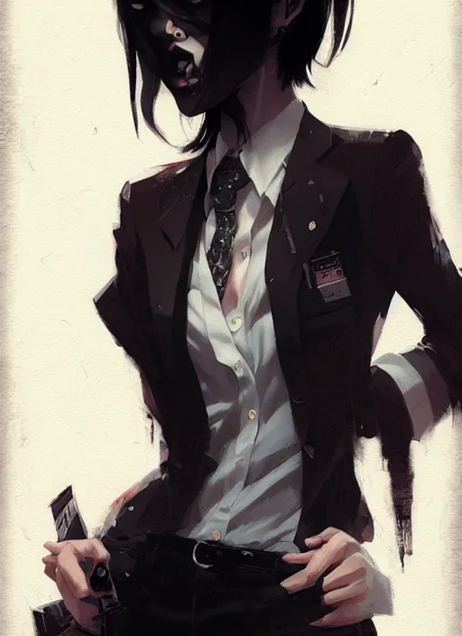 Image similar to ultradetailed beautiful panting of a stylish goth woman wearing a shirt with a tie, dramatic, she has black hair, distressed, by greg rutkowski, ashley wood, makoto shinkai, ilya kuvshinov, on artstation