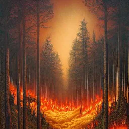 Image similar to a painting of a fire in a forest, a matte painting by Jeffrey Smith, deviantart, fantasy art, apocalypse landscape, apocalypse art, airbrush art