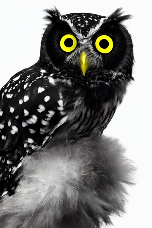 Image similar to cute little owl wearing black biker jacket, portrait photo, backlit, studio photo, dark plasma background