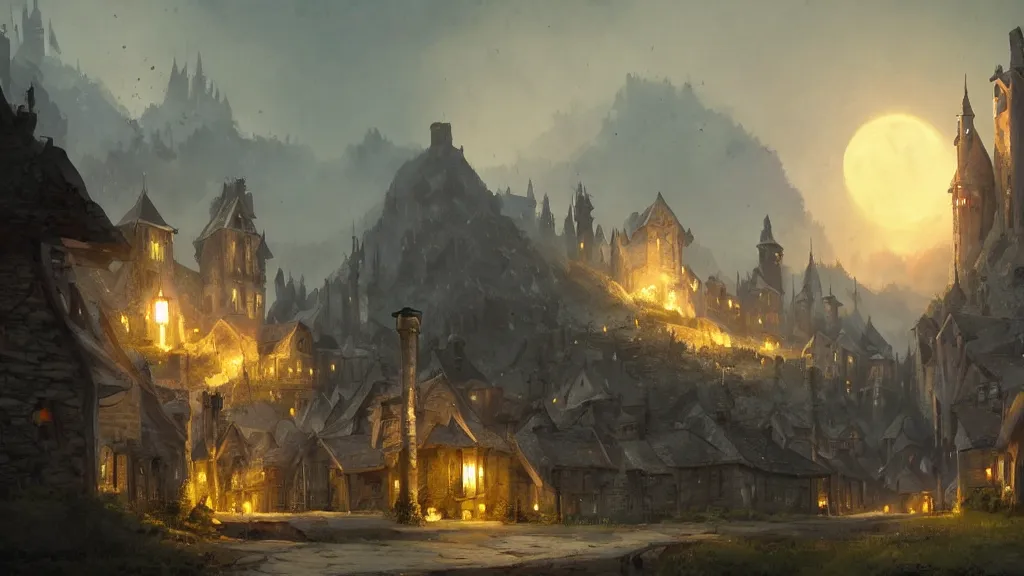 Image similar to A medieval fantasy village surrounding a wizard's spire on a hill, crescent moon, light glowing from windows at night, smoke from chimneys concept art by Greg Rutkowski