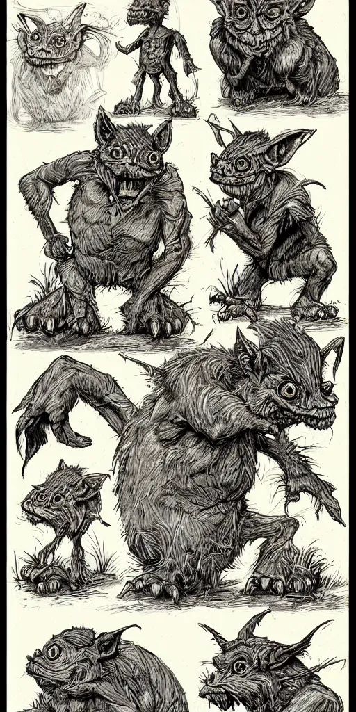 Image similar to field guide page with an illustration of a goblin. highly detailed realistic rendering