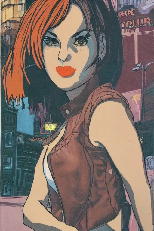 Image similar to portrait of an attractive young female protagonist, center focus, wearing leather jacket, in city street, detailed face, artwork by ralph bakshi