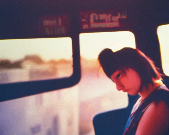 Image similar to lomo photo of shy goth girl sitting in empty bus, sunset, cinestill, bokeh